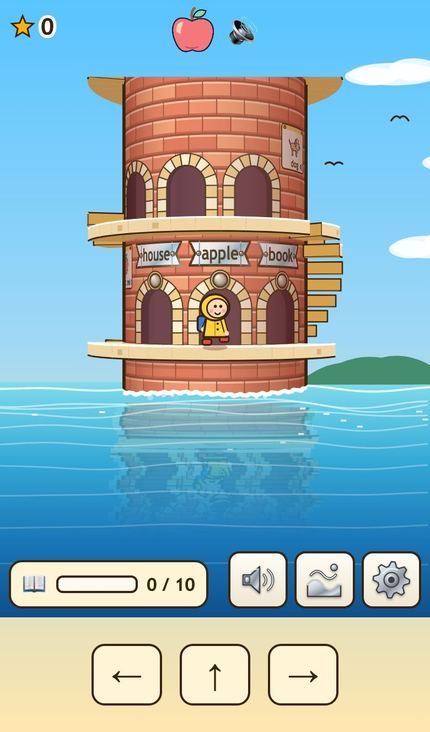 The game on a phone: the tower rises out of the sea, with the word banners over the doors and three big arrow buttons — left, up and right — below the screen.