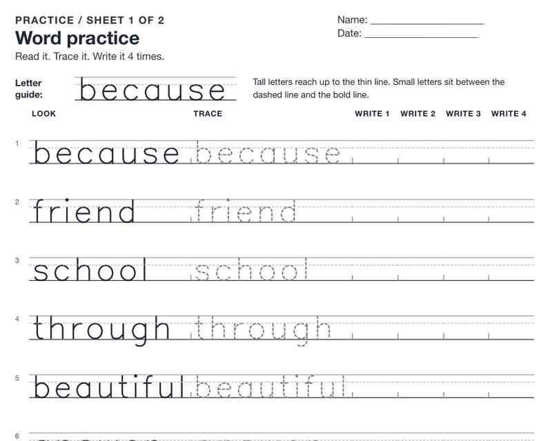 A printed practice sheet titled Word practice: each word to look at, trace along a dotted line and write four times.