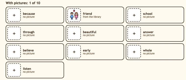 The Test prep tab with the ten pasted words: one already has a picture from the library, the others are waiting for theirs.