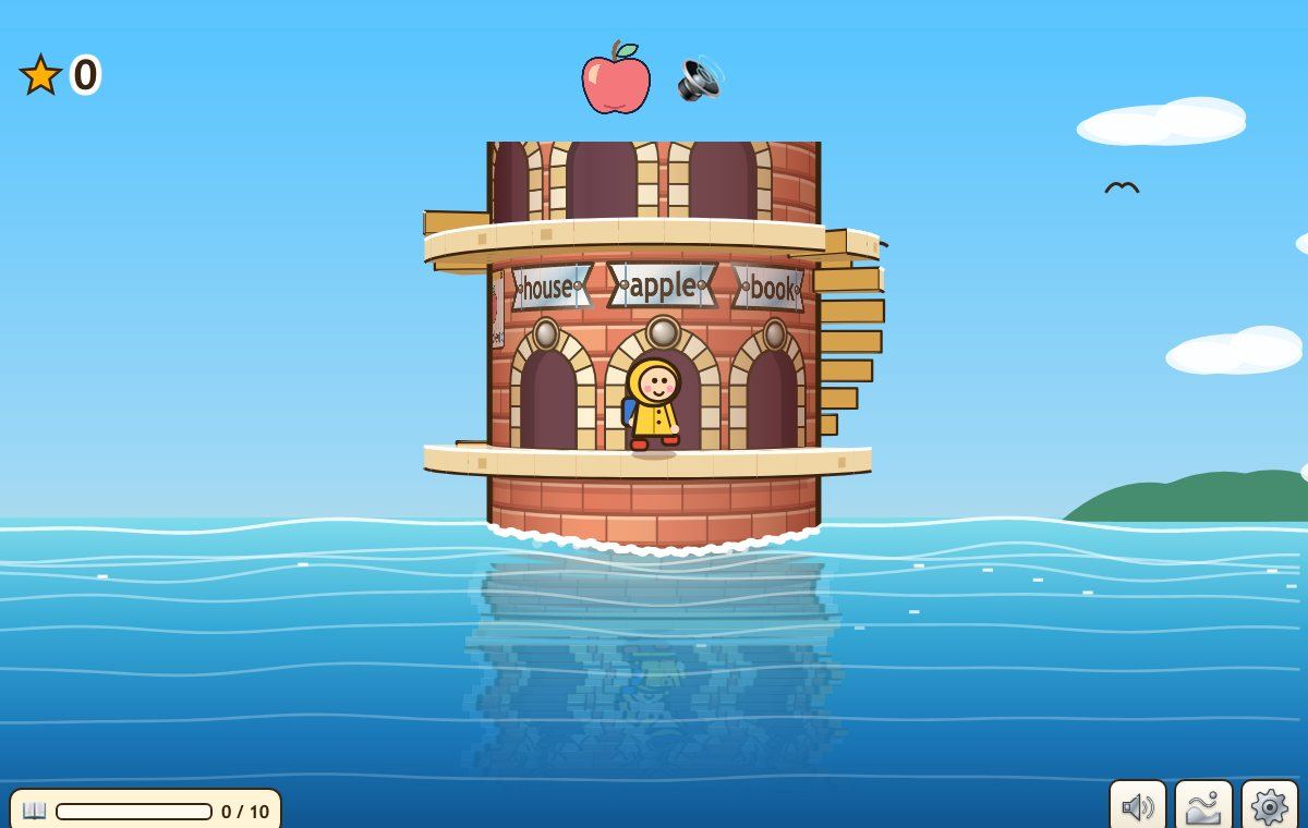 The hero stands on a ledge of the brick tower before three doors marked house, apple and book; a picture of an apple above says which word to find.